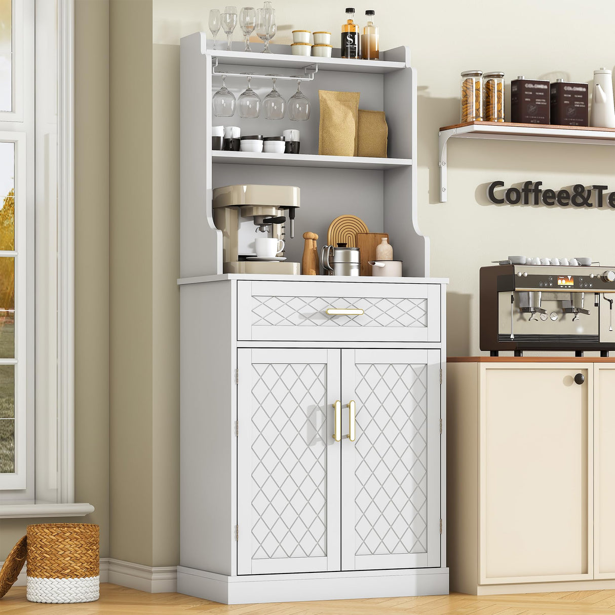 kepptory 66" Kitchen Pantry Cabinet with Microwave Shelf, Pantry Storage Cabinet with Adjustable Shelves and Drawer, Kitchen Buffet Cupboards Sideboard for Home Office Use (16" D x 24" W x 66" H) kepptory