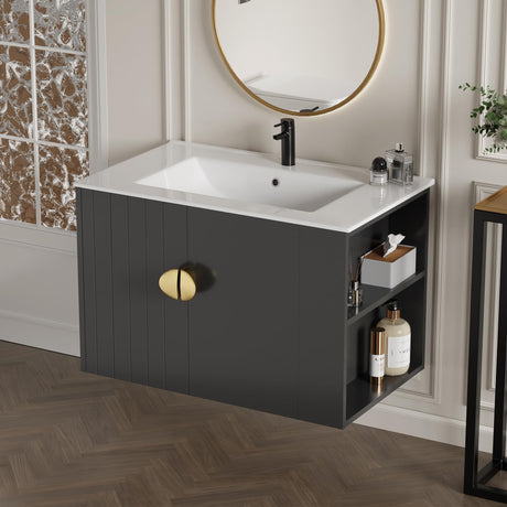 Findepot 30 Inch Floating Vanity Bathroom with Sink, Black Bathroom Vanity Cabinet Combo with Ceramics Sink Top, Soft Close Cabinet Door & Open Storage Right Shelf, Modern Wall Mounted Vanity Findepot
