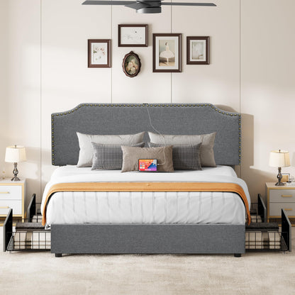 YITAHOME Gray Upholstered King Bed Frame with 4 Storage Drawers & Adjustable Headboard