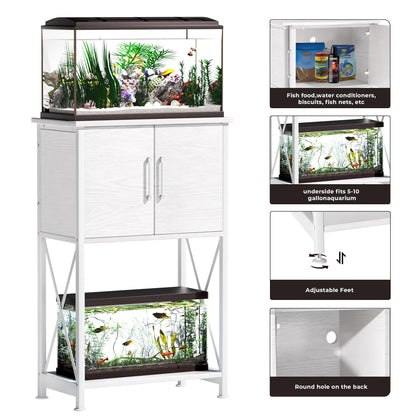 Herture 5-10 Gallon Fish Tank Stand, Metal Double Aquarium Stand with Cabinet for Fish Tank Accessories Storage, Heavy Duty 20.5" L* 11.02" W Tabletop, 500LBS Capacity White PG06YGW - WoodArtSupply