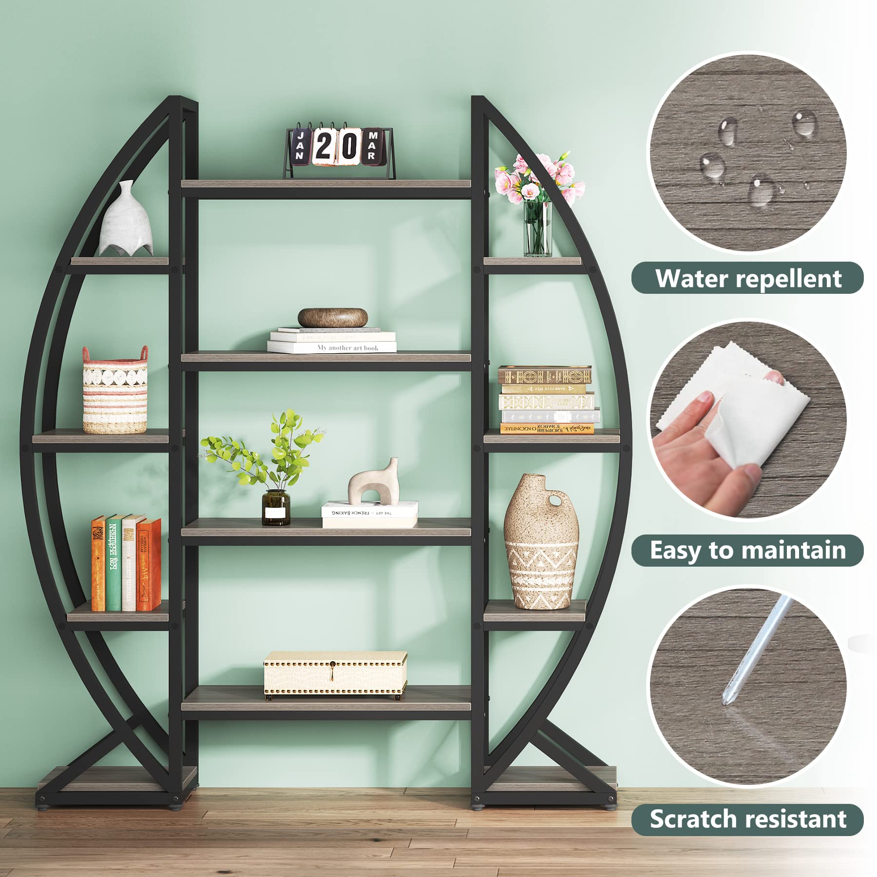 Tribesigns Industrial Elegant Oval 5-Tier Bookshelf in Grey - WoodArtSupply