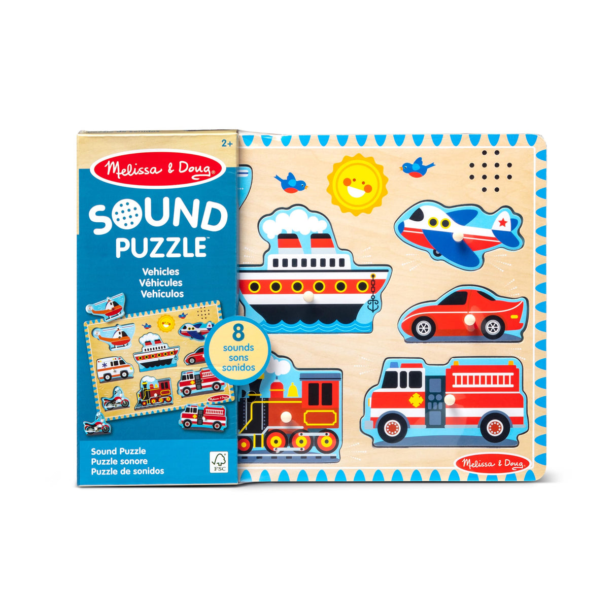 Melissa & Doug Vehicles Sound Puzzle - Wooden Peg Puzzle With Light-Activated Sound Effects (8 pcs) Puzzles for Toddlers, Wooden Puzzles For Kids Ages 2+ Melissa & Doug