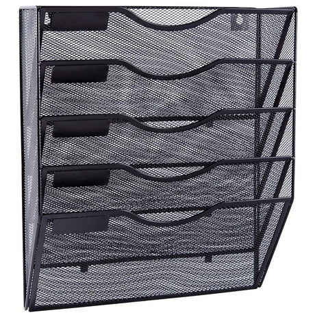 EASEPRES 5 Pocket Mesh Hanging Wall File Organizer, Wall Mounted Mail Paper Document Folder Holder, Clipboard Storage Organization Magazine Rack with Nametag Label for Office Home School, Black EASEPRES