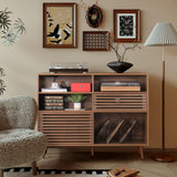 Jluomei Large Record Player Stand, Mid-Century Turntable Stand with Doors and Charging Station Record Player Table Holds Up to 450 Albums Vinyl Storage Display Shelf for Living Room, Walnut Jluomei