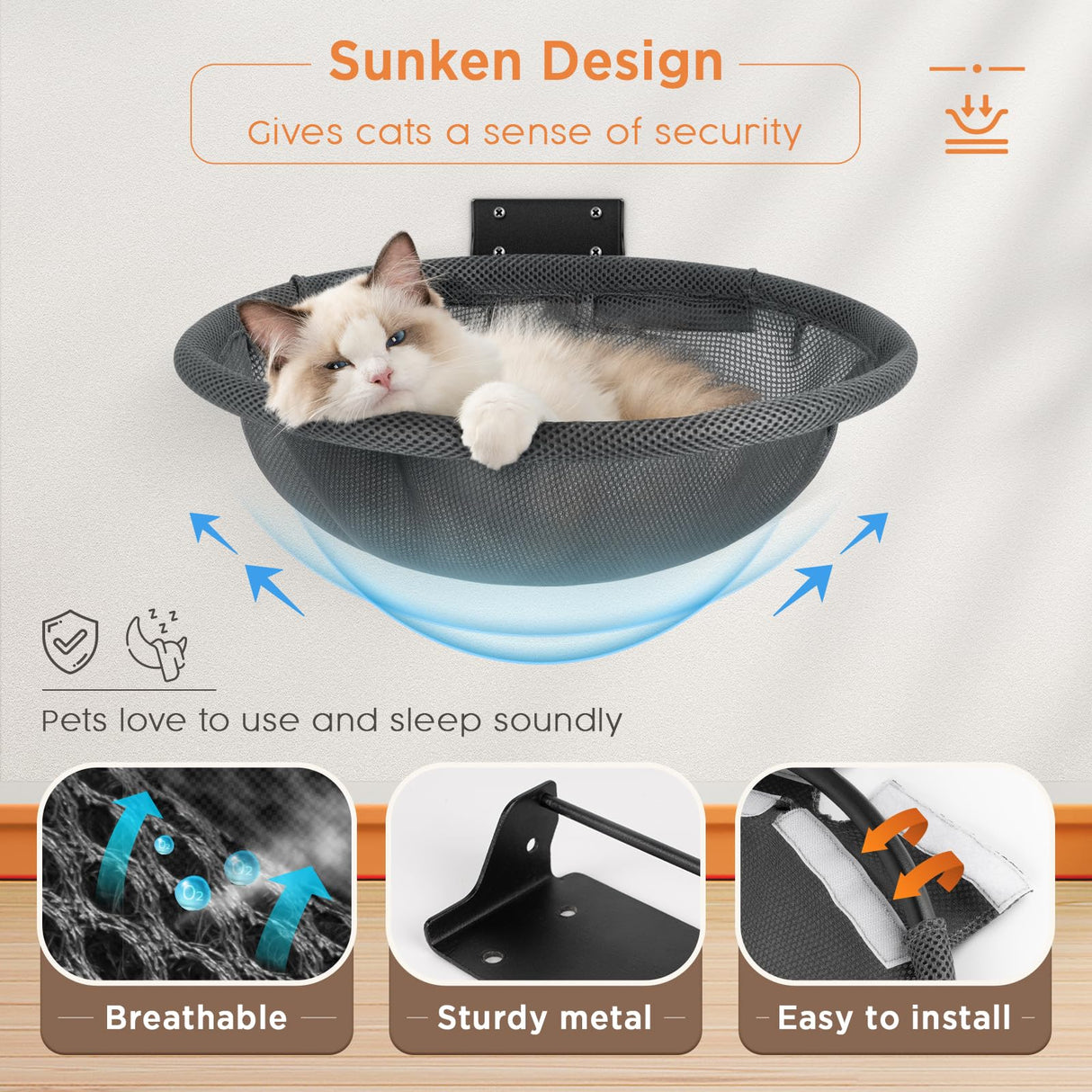 JUNSPOW Cat Hammock Wall Mounted, Foldable & Stable Cat Beds- Breathable Cat Wall Shelves for Sleeping, Playing, Climbing, and Lounging - Maximum Hold Up to 30lb (Gray) JUNSPOW