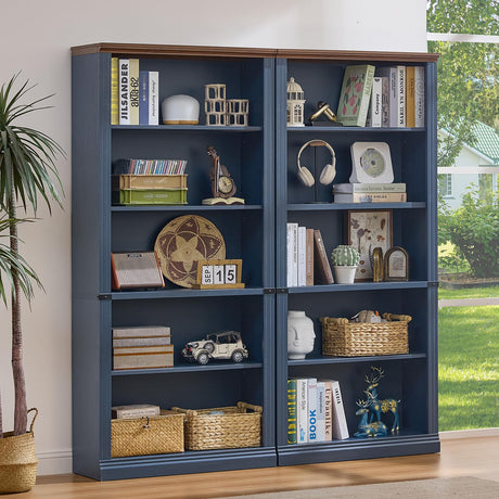 RWYHG 70" Blue Tall Bookshelf Set of 2,5-Tier Thick Wooden Book Shelf with Adjustable Shelves,Free Standing Farmhouse Bookcase with Open Display Storage,Floor Vintage Bookshelves for Living Room RWYHG