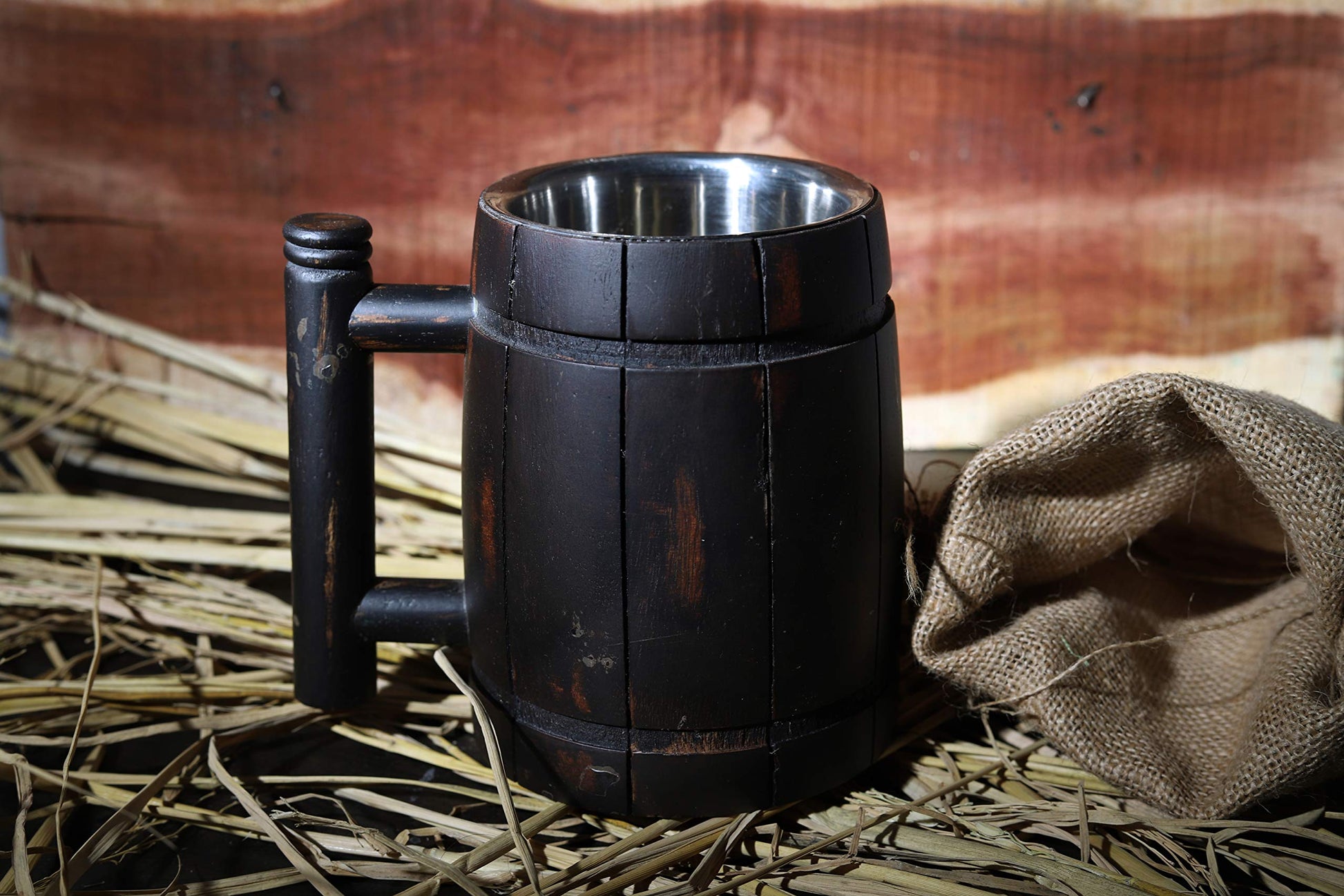 GoCraft Handmade Wooden Beer Mug with 18oz Stainless Steel Cup | Great Beer Gift Ideas Wooden Beer Tankard for Men | Vintage Bar accessories - Barrel Brown Retro Design - WoodArtSupply