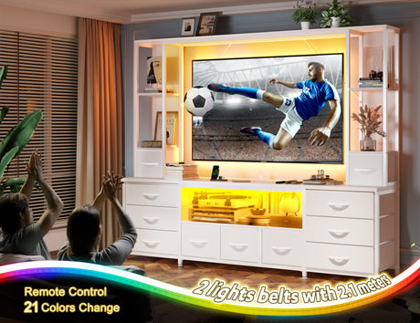 78.6" W Stands for Living Room, Large Wall Unit Entertainment Center with 11 Fabric Drawer,Dresser TV Stand with 2 LED Lights & Power Outlets,TV Stand for Bedroom with Storage Shelves,White EnHomee