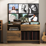 Gyfimoie Upgraded Large Record Player Stand, Mid-Century Turntable Stand with Power Outlet, Large Record Player Table Holds Up to 500 Albums, Vinyl Storage Cabinet Display Shelf for Living Room (Walnut) Gyfimoie