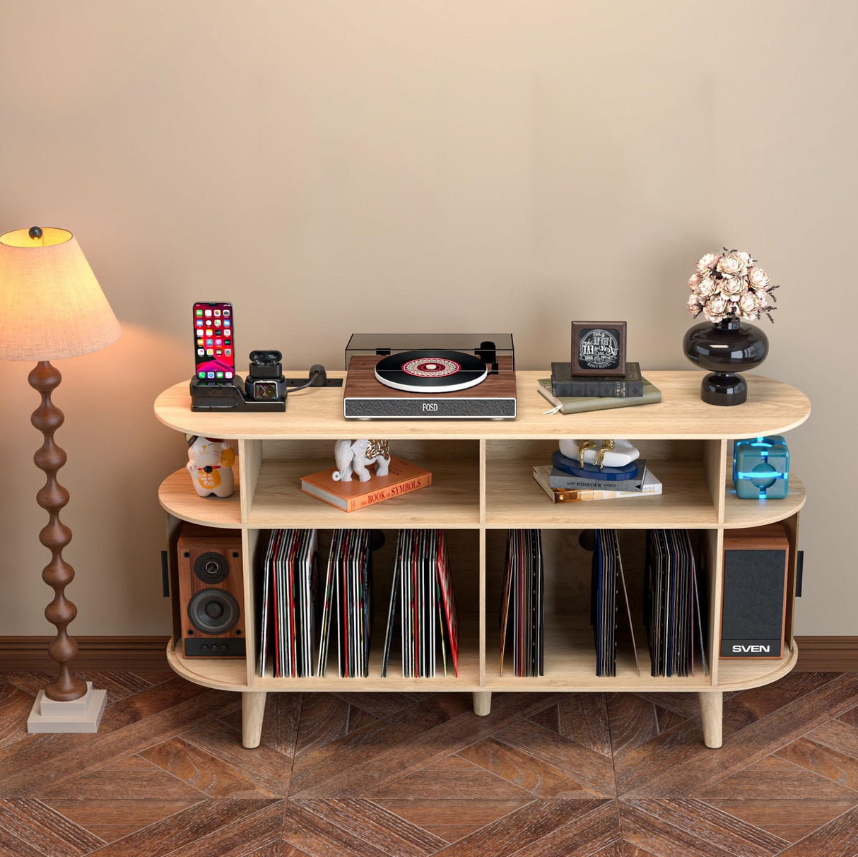 LUVIOHOME Large Round Record Player Stand with Charging Station & USB Ports，Record Storage Cabinet, Mid Century Modern Turntable Stand for Bedroom Living Room (Oak) LUVIOHOME