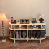 LUVIOHOME Large Round Record Player Stand with Charging Station & USB Ports，Record Storage Cabinet, Mid Century Modern Turntable Stand for Bedroom Living Room (Oak) LUVIOHOME