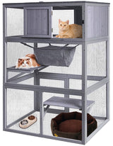 Wooden Cat House Outdoor Cat Enclosure with 3 Floors and Weatherproof Roof Indoor Large Cat Catio for Cats with Hammock & Resting Box Akinerri