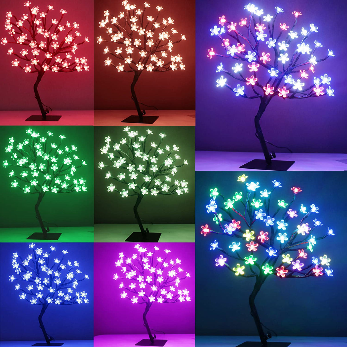 Pooqla 18 Inch 48 LED RGB Cherry Blossom Tree Light with Remote 16 Color-Changing LED Artificial Flower Bonsai Tree Table Top Lamp Home Lit Tree Centerpieces Christmas Decor Pooqla