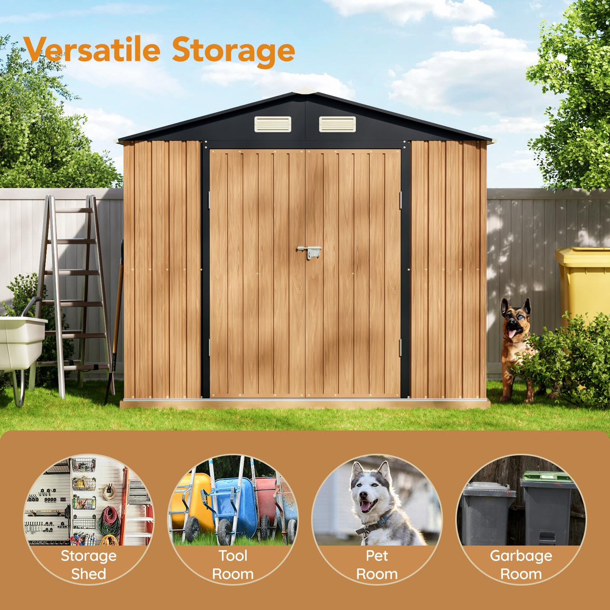 Panovue 8X6 FT Garden Storage Shed with Lockable Door,Steel Tool Shed with 1 Clear Window, Anti-Corrosion Metal Shed for Backyard Patio Lawn (Wood Panels & Frame Floor Not Included)(Light Wood Grain) Panovue