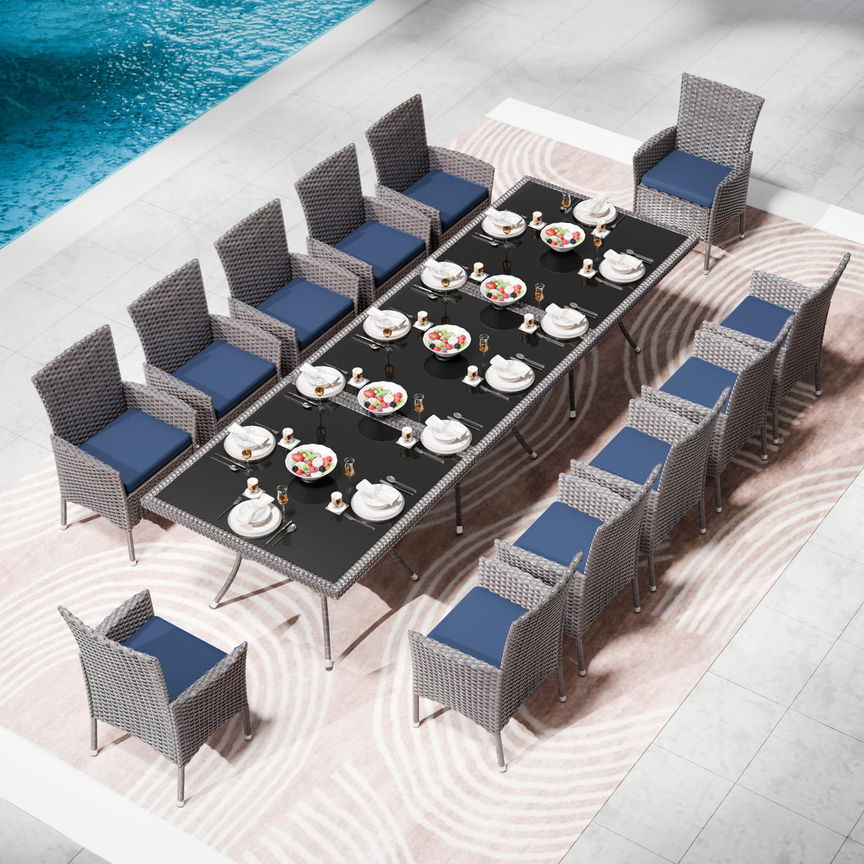 Trumbeak 15 Piece Outdoor Dining Set,Rattan Patio Conversation Set of 12 Chairs,Patio Dining Table and Chairs w/Cushions,Square Glass Tabletop,Umbrella Cutout for Patio,NavyBlue Trumbeak