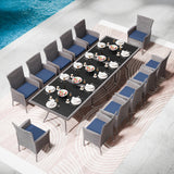 Trumbeak 15 Piece Outdoor Dining Set,Rattan Patio Conversation Set of 12 Chairs,Patio Dining Table and Chairs w/Cushions,Square Glass Tabletop,Umbrella Cutout for Patio,NavyBlue Trumbeak
