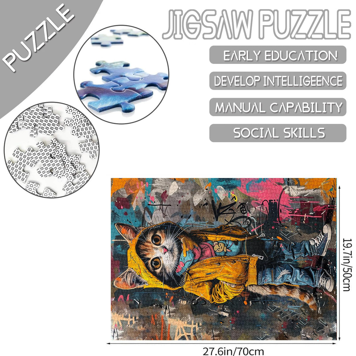 1000 Piece Puzzle for Adults Yellow Kitten Puzzle - Family Puzzle Toys,Abstract Graffiti Cat Puzzles Gift Hip-hop Style 1000 Pieces Jigsaw Puzzles Creative Colorful Animals Theme Tucocoo