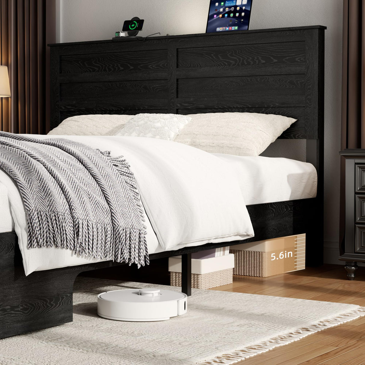 madeslves Wooden Bed Frame Queen Size with Headboard & Sliding Barn Door Storage Footboard, Farmhouse Platform Bedframe with Charging Station & Lights, No Box Spring Needed, Black madeslves