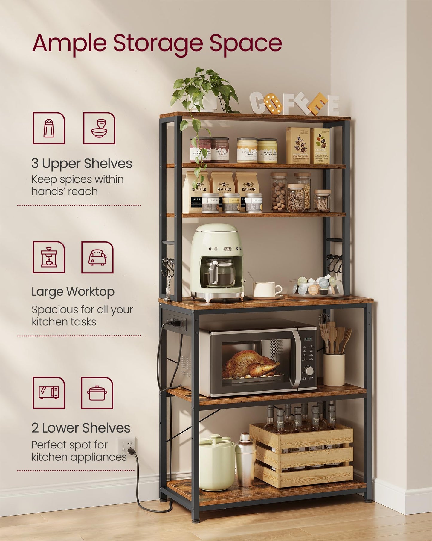 VASAGLE Bakers Rack with Power Outlet, 31.5 Inches Coffee Bar for Kitchen with Storage, 6-Tier Kitchen Shelves with 6 Hooks, Microwave Stand, Rustic Brown and Black UKKS119K01