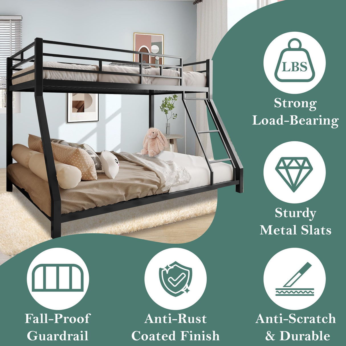 Cyranture Bunk Bed Twin Over Full Size, Twin Over Full Bunk Beds with Ladder & Guardrail Heavy Duty Bunk Beds Frame for Teens Adults Dorm Bedroom Guest Room, No Box Spring Needed（Black） Cyranture