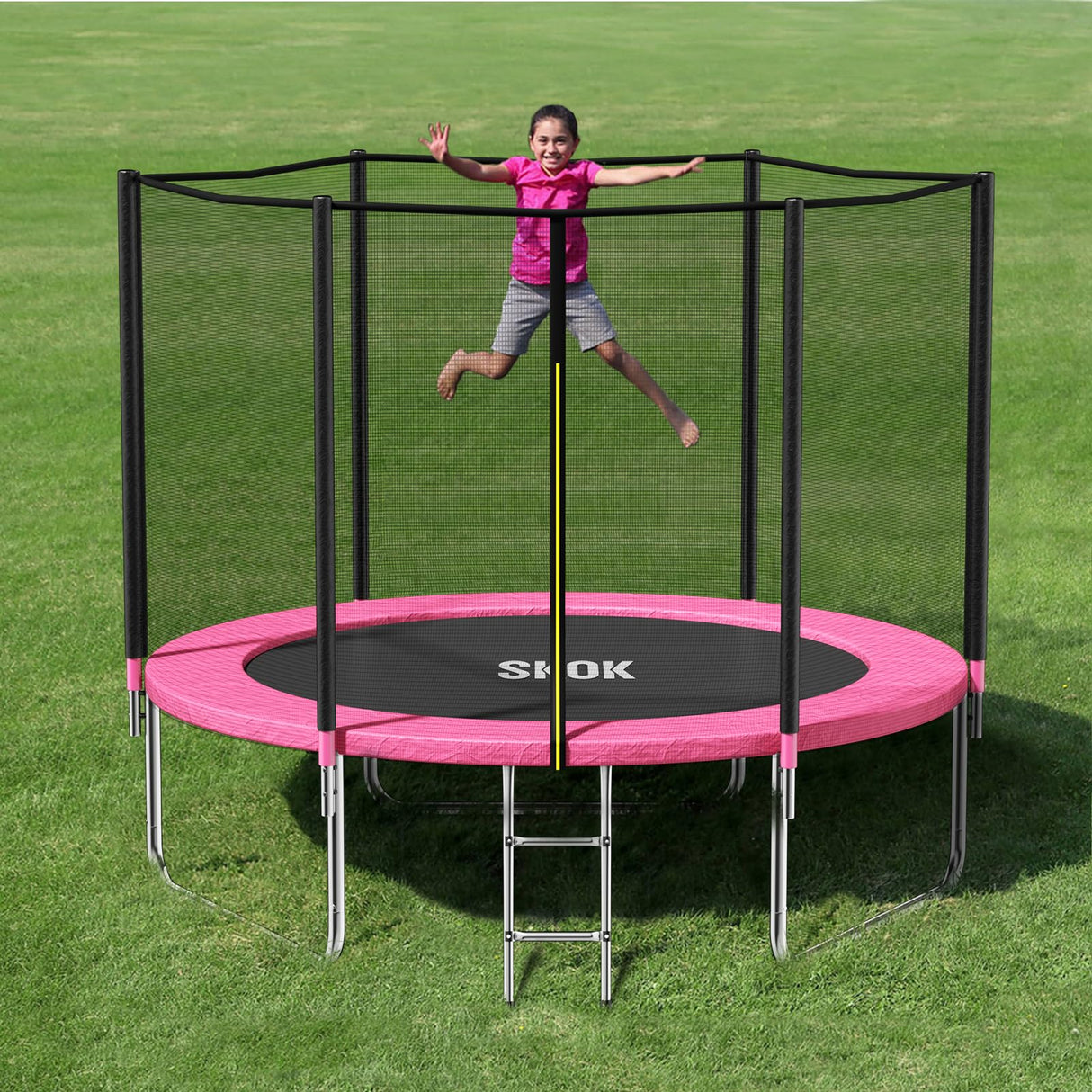 SKOK Trampoline 8FT Trampolines with Enclosure Net, 400LBS Outdoor Trampolines for Kids -ASTM Approved Pink Trampoline for Children and Adults with Jump Mat,Cover & Ladder SKOK