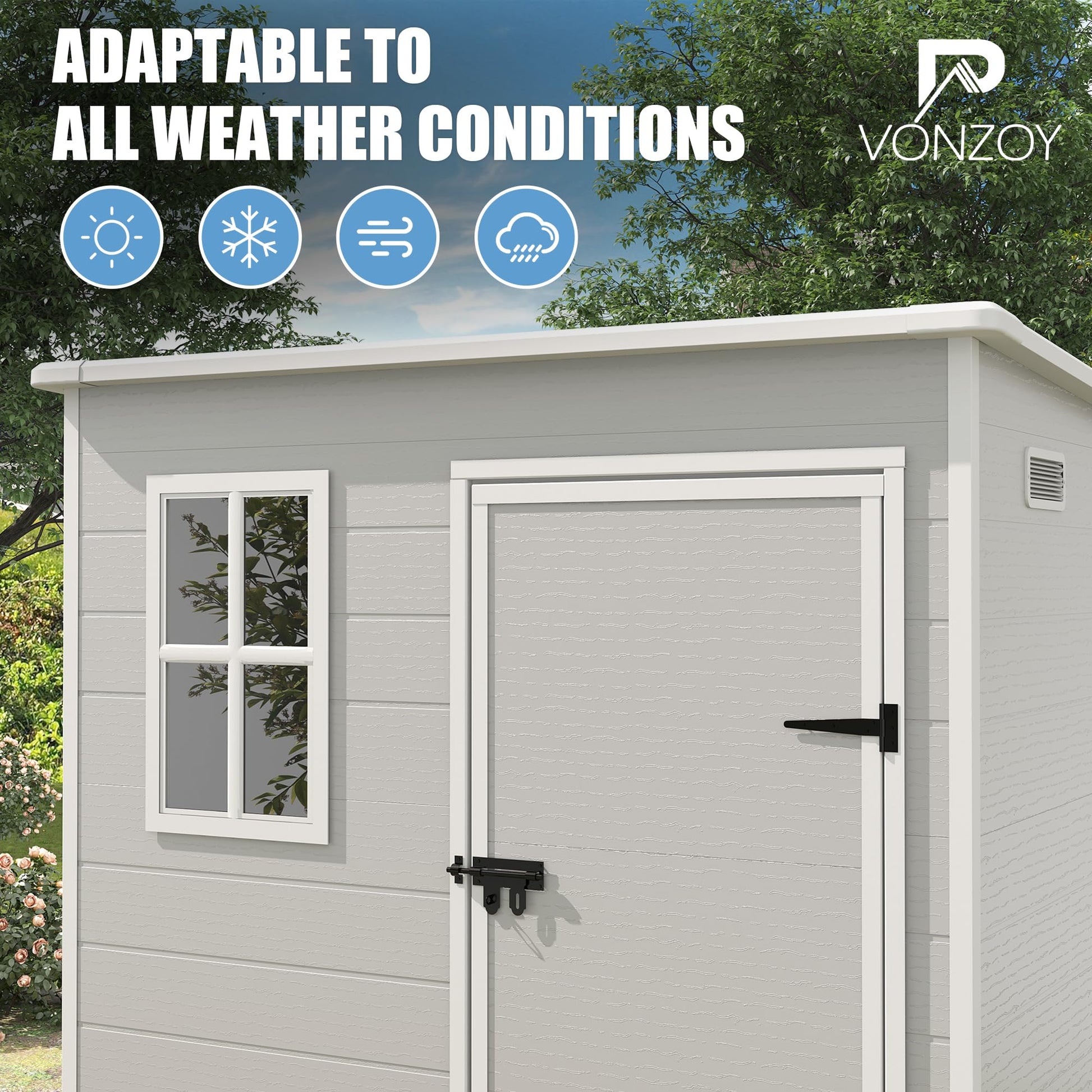 VONZOY Outdoor Storage Shed, 6x6 FT Resin Shed with Floor and Lockable Door, Window & Vents, Tool Sheds & Outdoor Storage for Bike, Garden Accessories, Tools, Waterproof (Grey & White) - WoodArtSupply