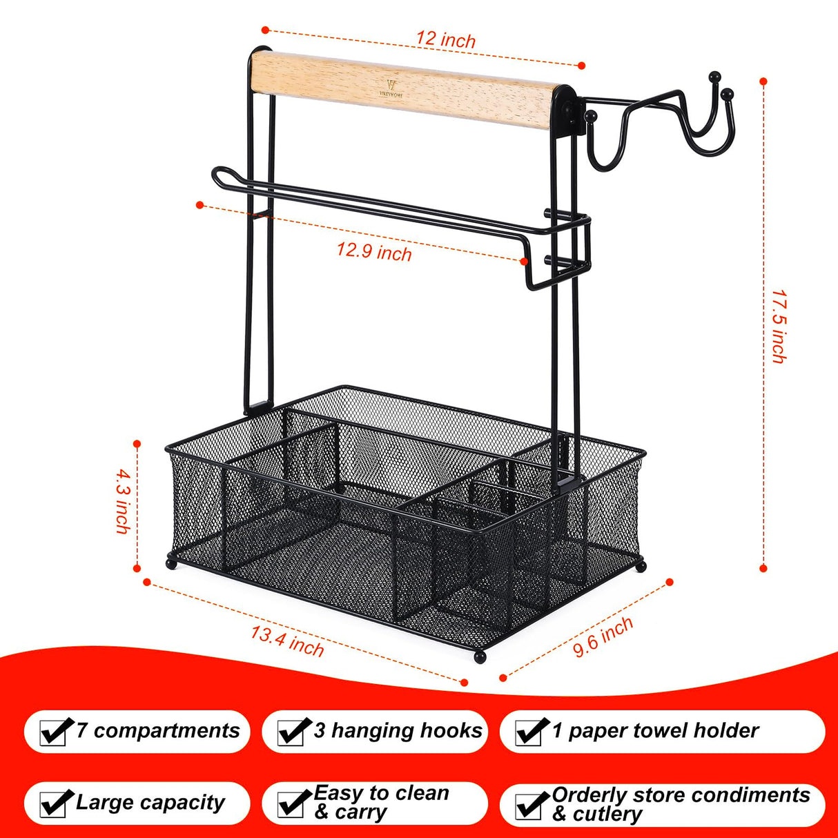 VIKEYHOME Grill Caddy, Picnic BBQ Organizer for Camping Outdoor Mesh Basket with 3 Hanging Hooks and Paper Towel Holder, Ideal Table Storage Tools for RV Camper/Tailgating/Flatware VIKEYHOME