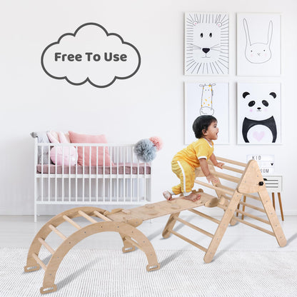 Agiyimi 4 in 1 Pikler Triangle Climber, Foldable Wooden Triangle Ladder Montessori Climbing Toys with Ramp Arch Climber Rocker Indoor Outdoor Gym Playground Climbing Toys for Toddlers(Natural)