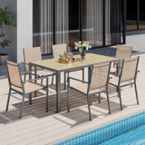 Ahomly Patio Table and Chairs Set for 6, Outdoor Dining Set Includes 59.5" Rectangle Patio Table with Side Umbrella Hole and 6 Textilene Fabric Patio Chairs for Backyard, Courtyard, Poolside, Brown Ahomly