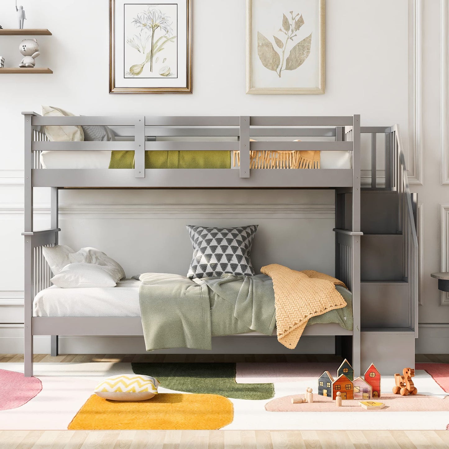 Harper & Bright Designs Twin Over Twin Bunk Bed with Stairs, Solid Wood Bunk Bed Frame with Storage and Guard Rail for Bedroom, Dorm, for Kids, Teens, Adults (Gray)