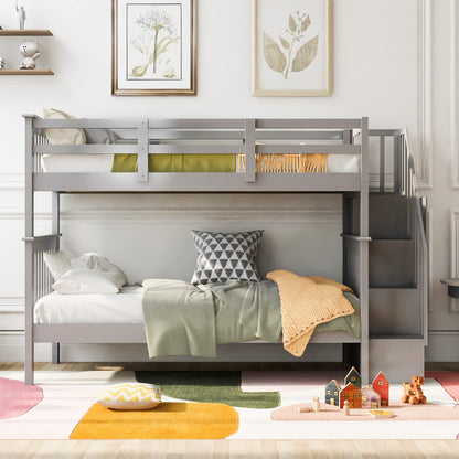 Harper & Bright Designs Twin Over Twin Bunk Bed with Stairs, Solid Wood Bunk Bed Frame with Storage and Guard Rail for Bedroom, Dorm, for Kids, Teens, Adults (Gray)