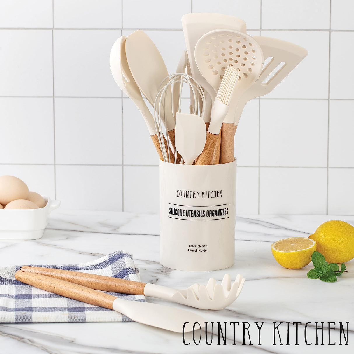 Country Kitchen Non Stick Silicone Utensil Set with Rounded Wood Handles for Cooking and Baking, 14 Piece Set, Khaki Country Kitchen