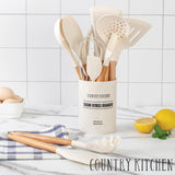 Country Kitchen Non Stick Silicone Utensil Set with Rounded Wood Handles for Cooking and Baking, 14 Piece Set, Khaki Country Kitchen