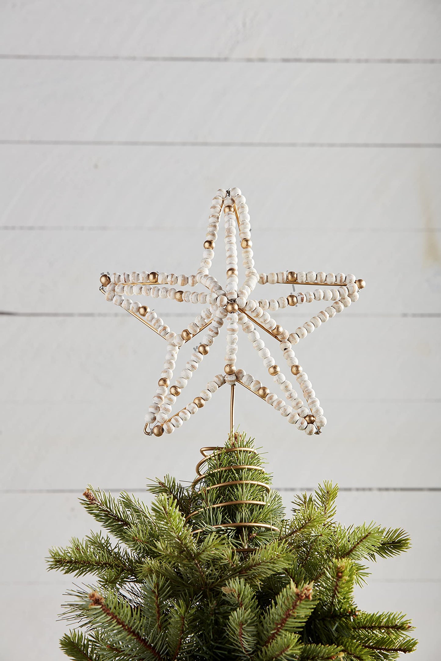 Mud Pie Beaded Star Tree Topper, 13.5" x 10", White, Gold