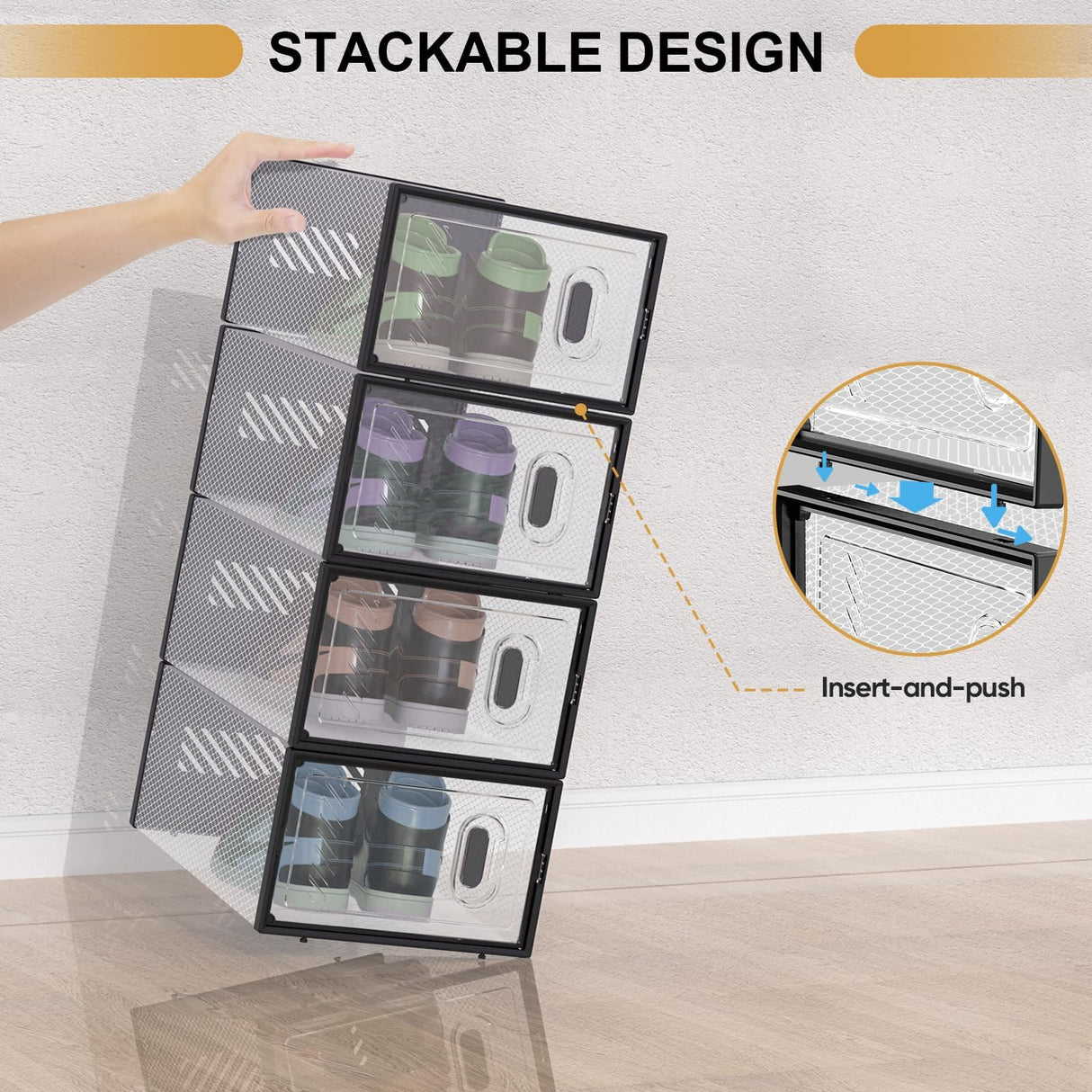 BALEINE 12 Pack Stackable Shoe Storage Boxes Fit Size 9, Thickened Clear Shoe Box Bins with Lids, Plastic Foldable Organizer Sneaker Storage Containers (Large, Black) BALEINE