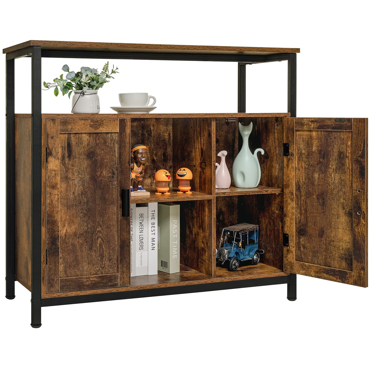 usikey Storage Cabinet with 2 Doors, Buffet Cabinet, Kitchen Cabinet with Adjustable Shelves, Open Compartment, Storage Sideboard, for Dining Room, Living Room， Rustic Brown usikey