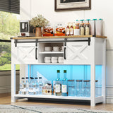 HXBOAUVS Farmhouse Entryway Table with LED Light, Sofa Table with Sliding Barn Door, Adjustable Open Shelves, 46" Rustic Console Table with Storage, Antique White Hallway for Living Room Bedroom HXBOAUVS