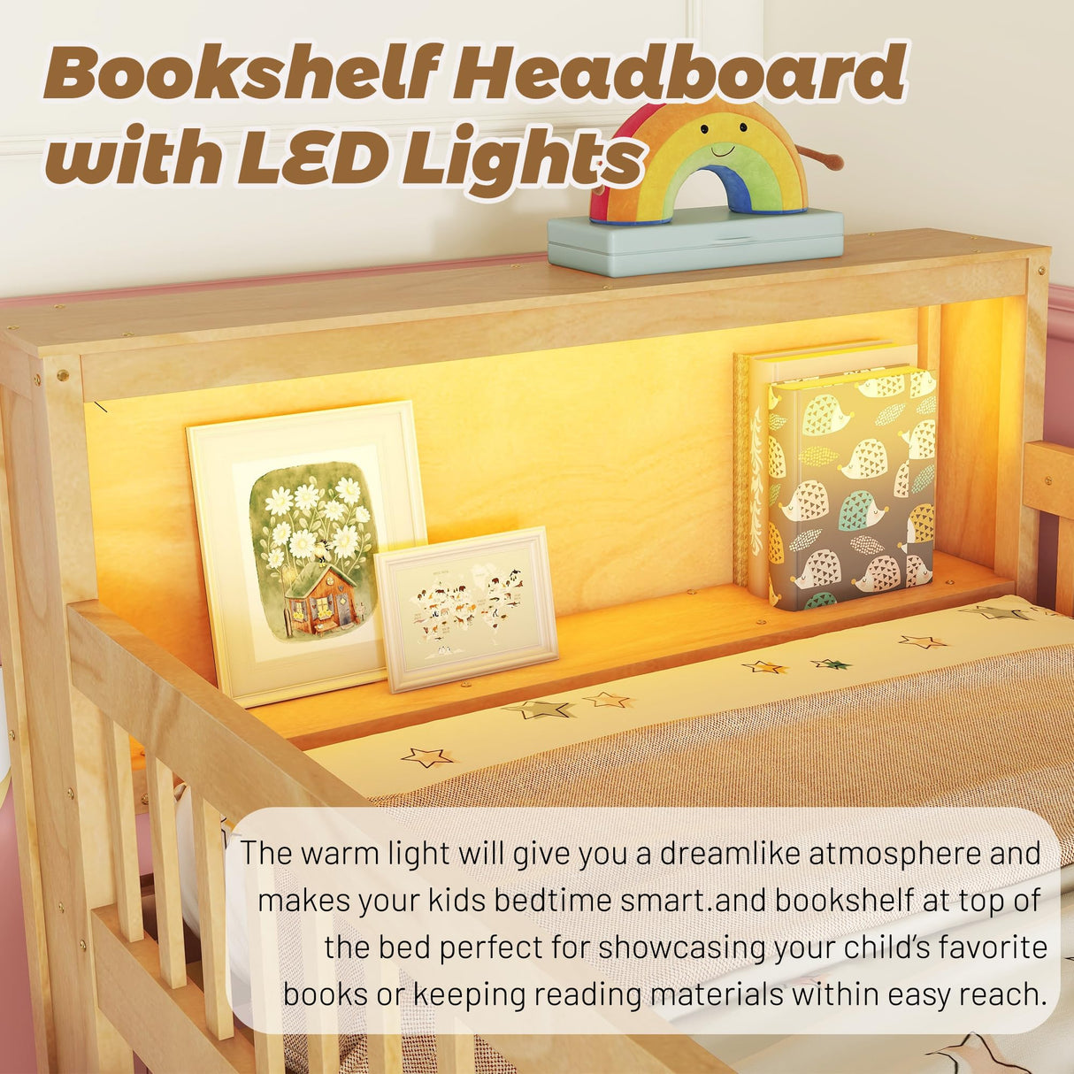 Low Loft Bed with LED Lights and Bookshelf, Wooden Kids Loft Bed with Stairs and Safety Guardrail, Low Loft Bed Twin with 2 Storage Drawers and Shelves for Girls Boys,No Box Spring Needed, Natural Mirightone