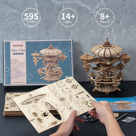 RUIFAM 3D Wooden Puzzles for Adults, SkyCity Music Box Model Kit, 600+ Pcs Cityscape Design, Challenging Mechanical DIY Craft, STEM Toy and Unique Gift for All Occasions RUIFAM