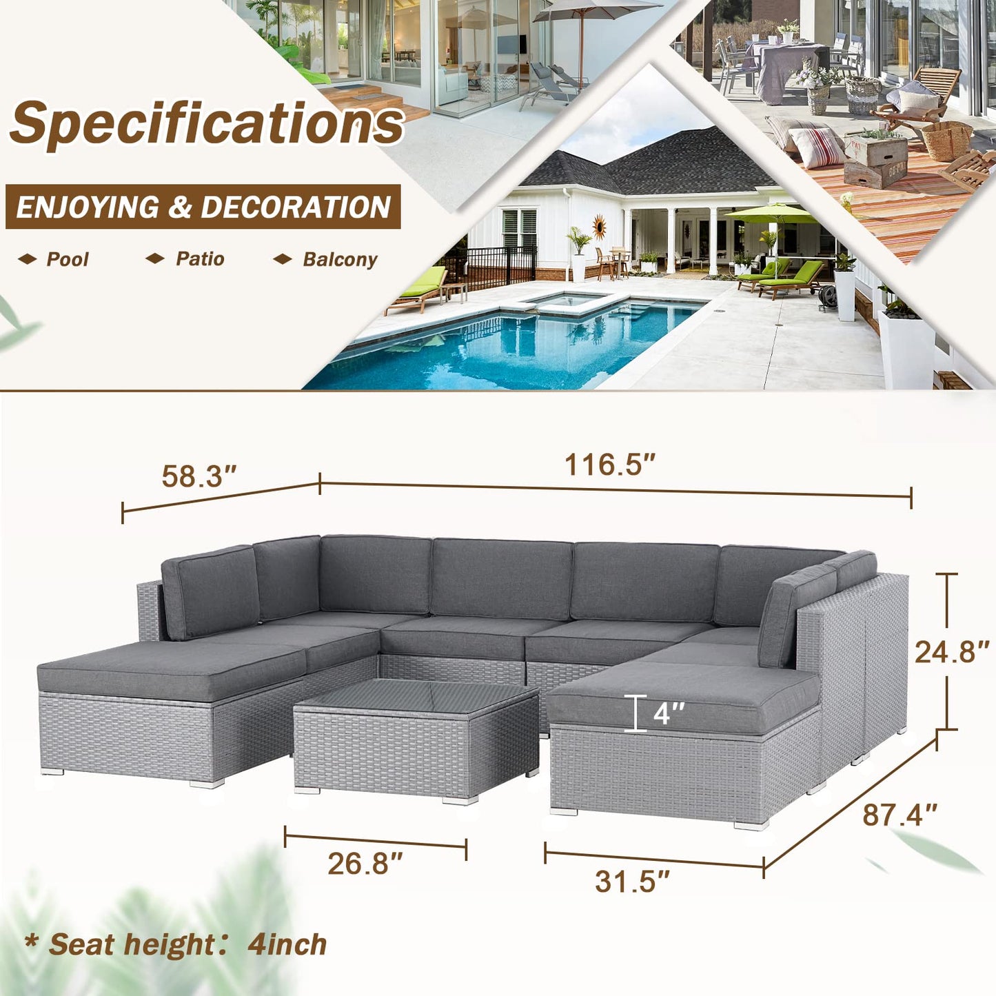 Betterland 9 Piece Outdoor Sectional Sofa Patio Furniture Set, All-Weather PE Grey Wicker Patio Conversation Set with Washable Cushion and Glass Table(Grey Cushions)