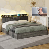 LUXOAK King Size Lift Up Storage Bed Frame with LED Lights, Linen Upholstered Headboard with Charging Station, Wooden LED Light Platform Bed Frame, No Spring Box Needed, Rustic Grey LUXOAK