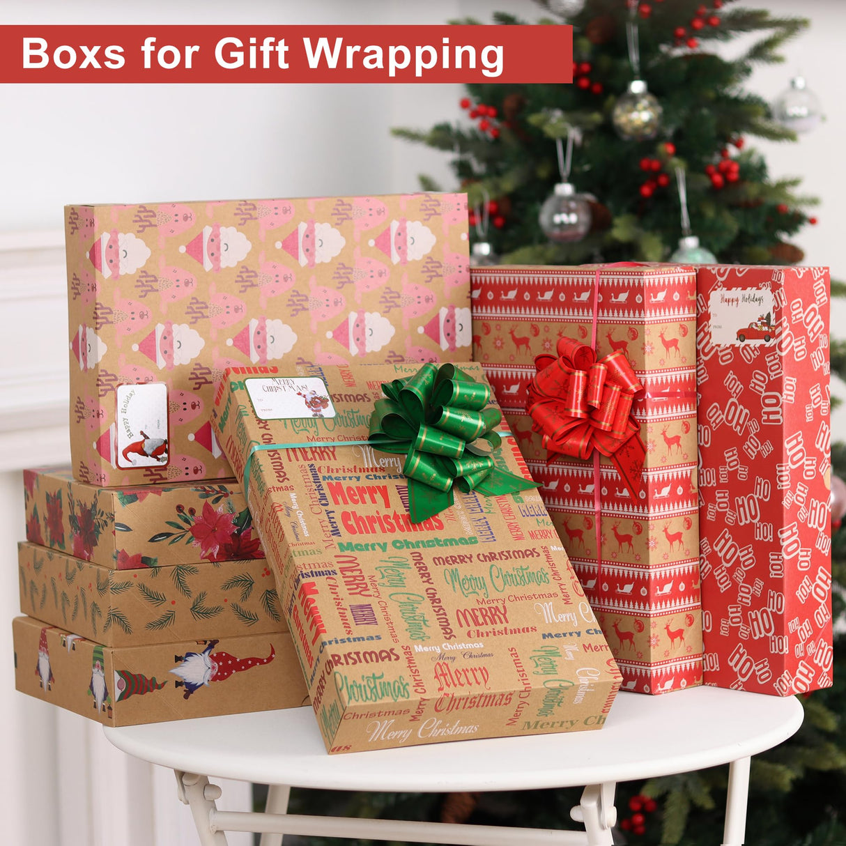 Giiffu 14.5" Medium Kraft Gift Boxes with Lids, 12 Pack Christmas Shirt Boxes with 12 Holiday Designs – Includes Tissue Paper & Stickers Giiffu