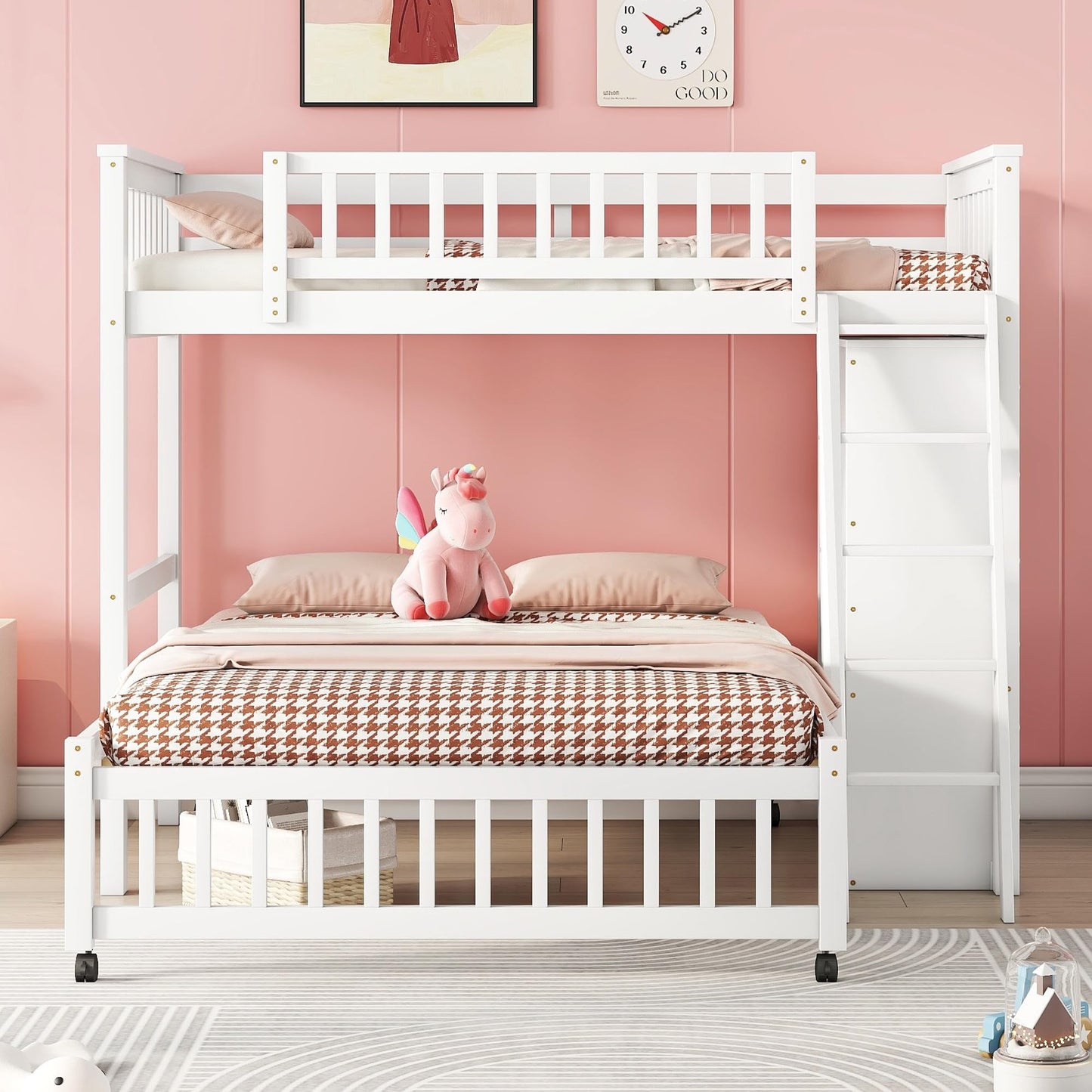 Harper & Bright Designs Twin Over Full Bunk Beds with Six Drawers and Flexible Shelves,Wooden Bunk Beds with Storage and Removable Bottom Bed for Kids Girls Boys,No Box Spring Needed (White)