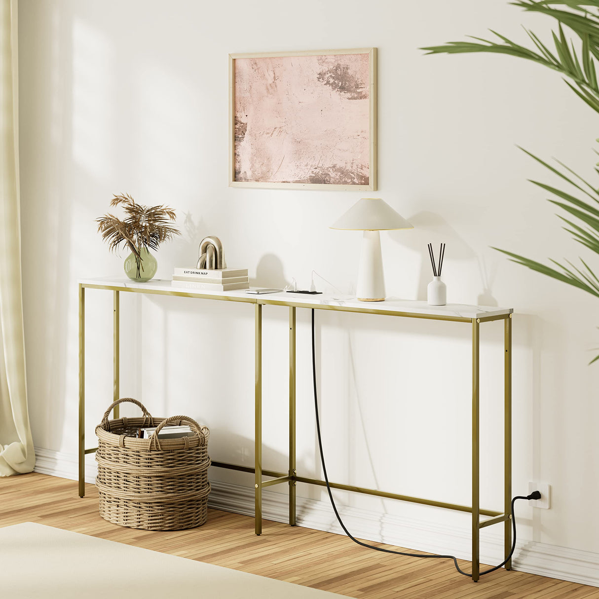 SONGXIN 70.9 Inch Console Table with Power Outlet,Modern Narrow Long Sofa Table Behind Couch,Skinny Entry Table with Gold Metal Frame for Entryway,Living Room, Hallway,Marble White SONGXIN