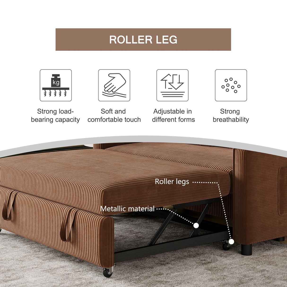 ECHINGLE Sleeper Sofa with Pull Out Sofa Bed,Corduroy Futon Sofa Bed with 3 Level Adjustable Backrest & Storage Pockets and 2 Toss Pillows,Modern Couch Bed for Living Room,Bedroom（Brown） ECHINGLE