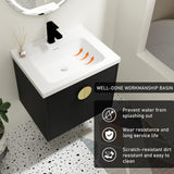 SSLine Modern 24" Floating Bathroom Vanity with Sink Wall Mounted Bathroom Vanity with Top Basin & Storage Cabinet Luxury Black Wood Hanging Vanity w/Ceramic Sink & Gold Handles for Small Space SSLine
