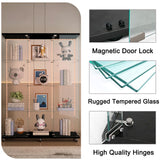 TRJQBCC 3 Column 2 Doors Tempered Glass Display Cabinet with LED Lights Strip, 4-Shelf Wooden Removable Curio Storage Cabinet with Casters, 65" H Lock Display Case Bookshelf for Home & Office (Black) TRJQBCC