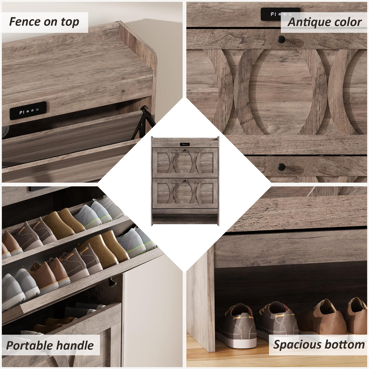 VFF Shoe Cabinet with 2 Flip Drawers, LED Touchscreen Shoe Storage Organizer with Wooden Legs, Narrow Freestanding Entryway Shoe Storage for Hallway and Bedroom (Rustic Brown) VFF