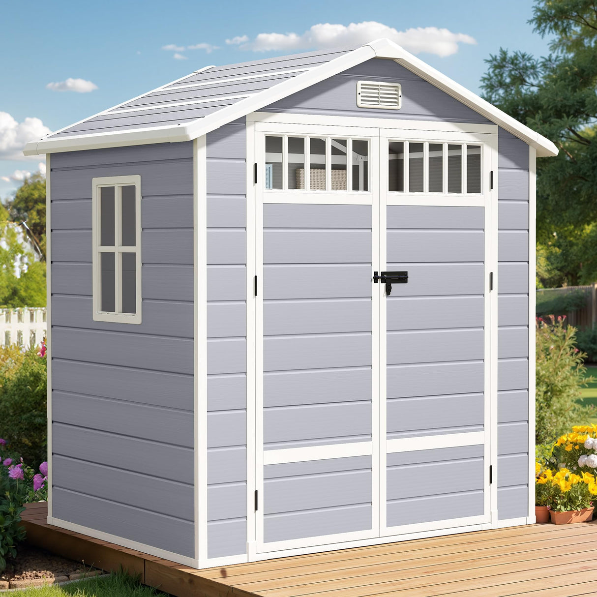 DWVO Outdoor Storage Shed, All-Weather Resin Plastic Storage Shed with Windows, Slanted Roof, Raised Floor, Capacity for Garden Tools & Equipment, Ideal for Backyard & Garden DWVO
