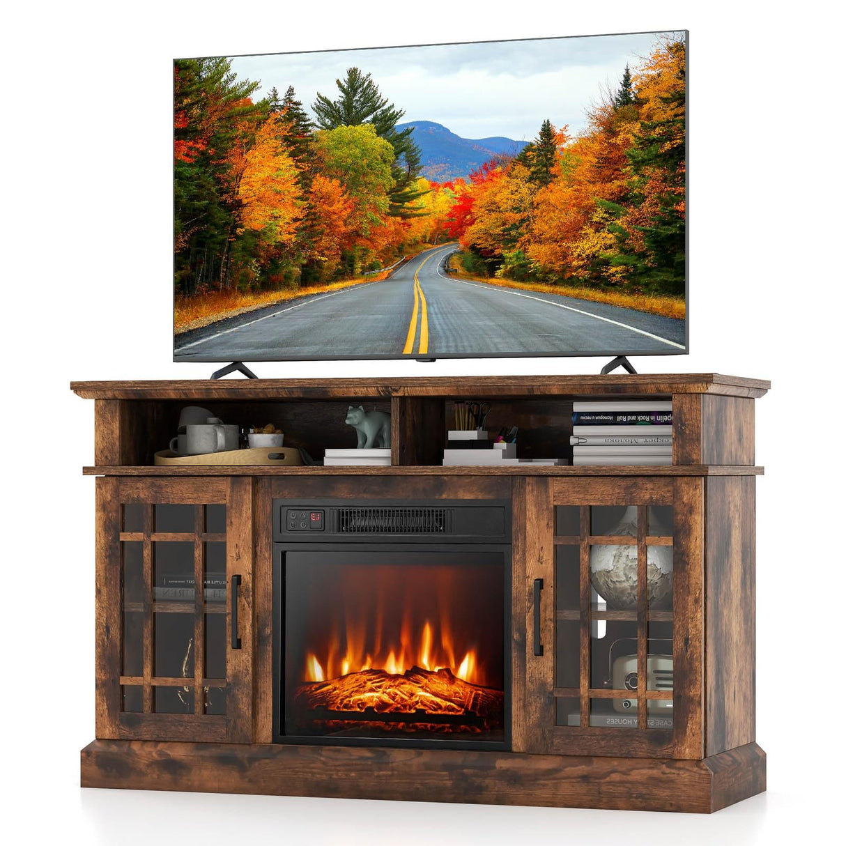 RELAX4LIFE Electric Fireplace TV Stand for TVs up to 55’’, TV Console Table w/18’’ Fireplace Insert Heater, Remote Control, Adjustable Shelves, Wood Media Entertainment Center with Fireplace (Brown) RELAX4LIFE